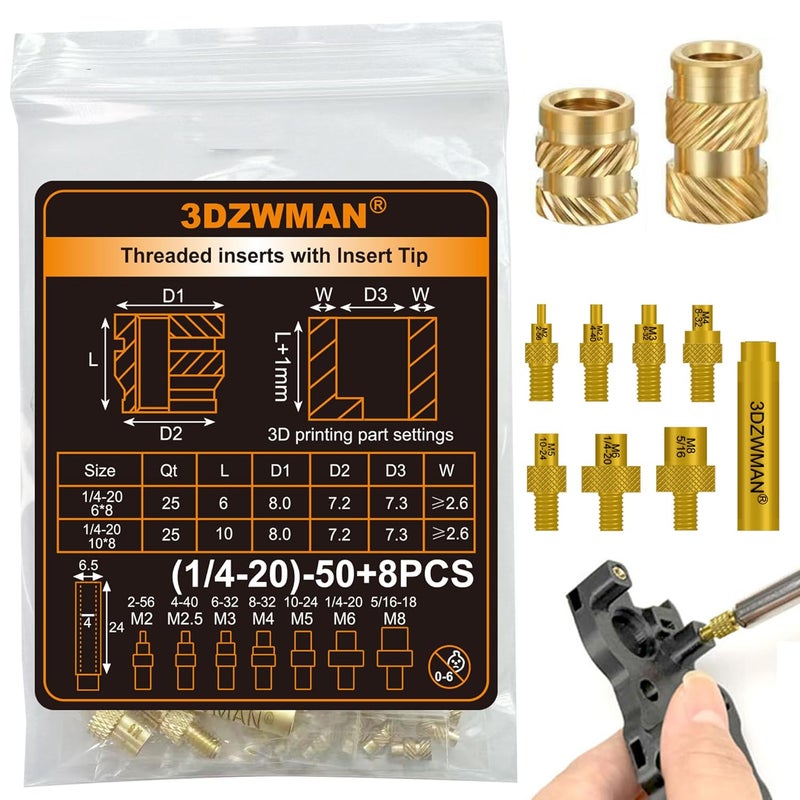 3DZWMAN 1/4-20 Threaded Inserts with 8PCS Heat Set Insert Tools,Brass UNC knurled Nuts for 3D Printing Components and Plastic Parts(1/4-20 * 6 * 8-25Pcs and 1/4-20 * 10 * 8-25Pcs) - Image 1